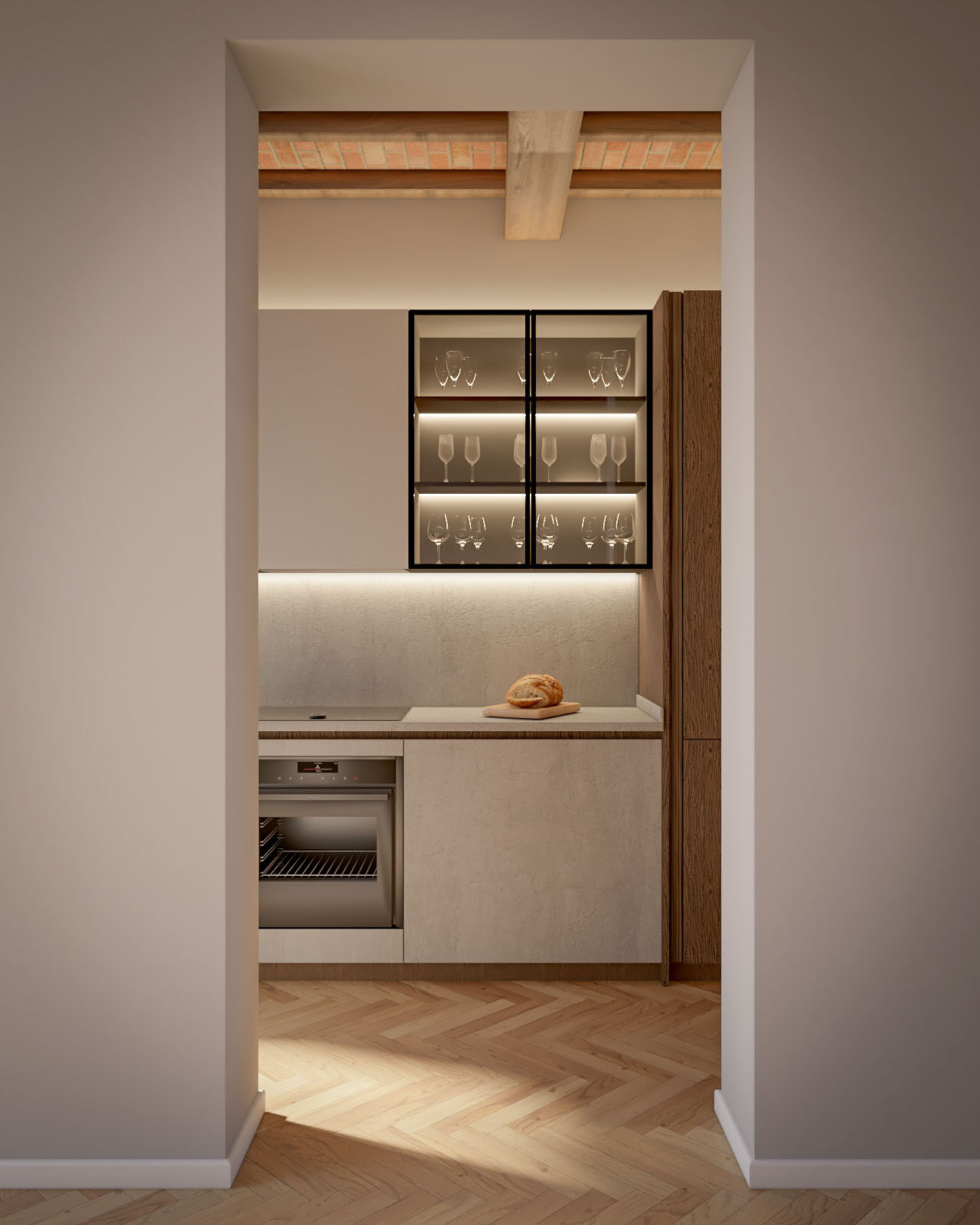 Vista della cucina dalla soglia, vetrina illuminata e travi a vista, Pistoia